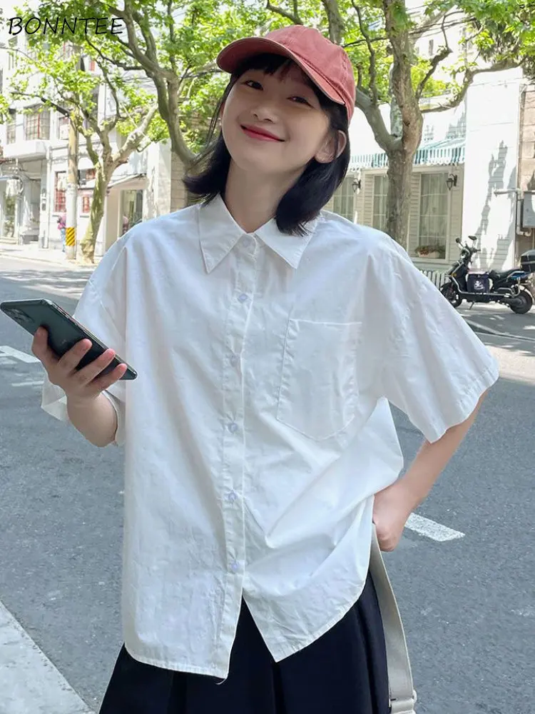 Koszule damskie solidne, dopasowane na co dzień, letnie damskie Temperament Unisex Ins Fashion Ulzzang klasyczny koreański styl Vintage Basic Chic