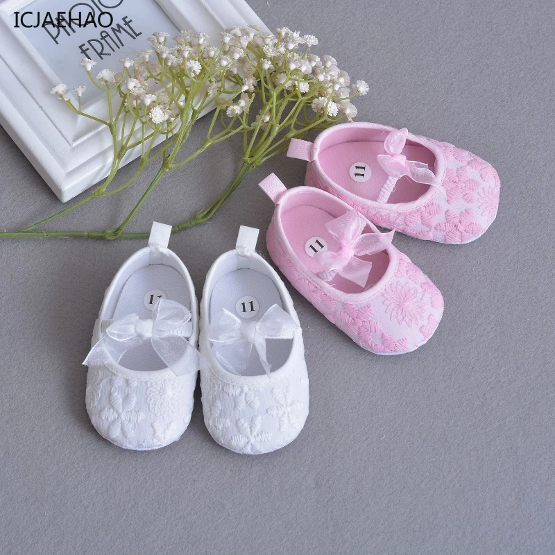 

ICJAEHAO White Pink Embroidery Infant Prewalkers Baby Girls Shoes Wedding Matching Spring Summer Nonslip Christenning Baptism