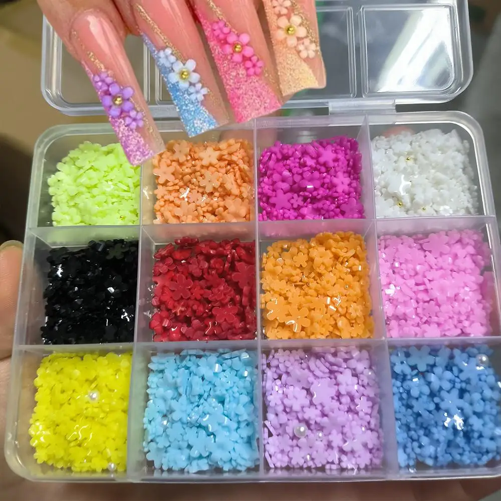 12Colors 3D Five-Petal Flower Nail Art Charms with Gold Silver Caviar Beads Pearl Floral Nails Decoration DIY Manicure Accessory
