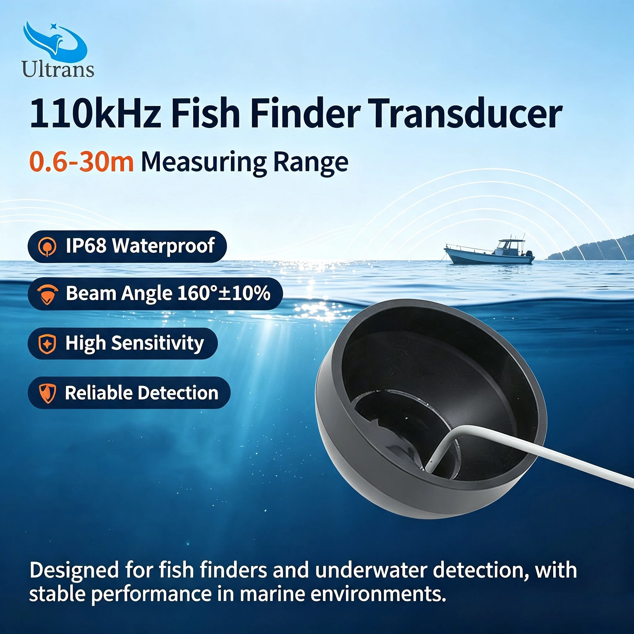 Waterproof 110kHz Ultrasonic Depth Measuring Transducer Dual Function & Underwater Distance Sensor for Boat