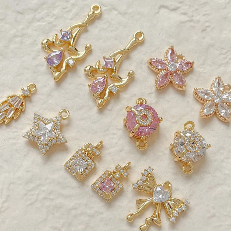 

4pcs Copper Plated-gold Zirconia Bow Star Leaf Pendant Diy Handmade Bracelet Necklace Beaded Accessory Charms