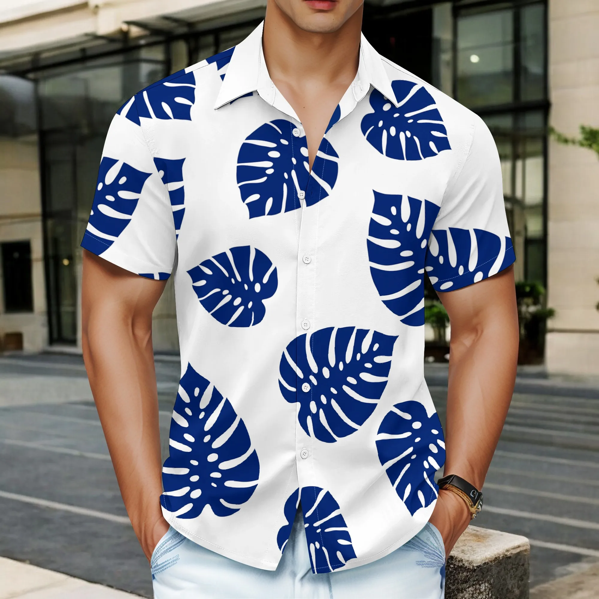 

YEAE Blue Monstera Leaf Pattern Shirt for Men Summer Casual Short Sleeve Top