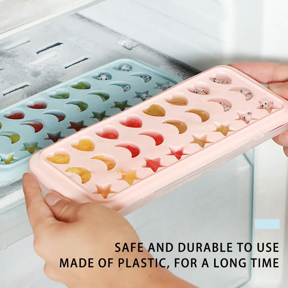 24-Cavity Food-Grade Silicone Ice Cube Tray – Star Moon Heart Shapes, Flexible, Light Pink, with Lid