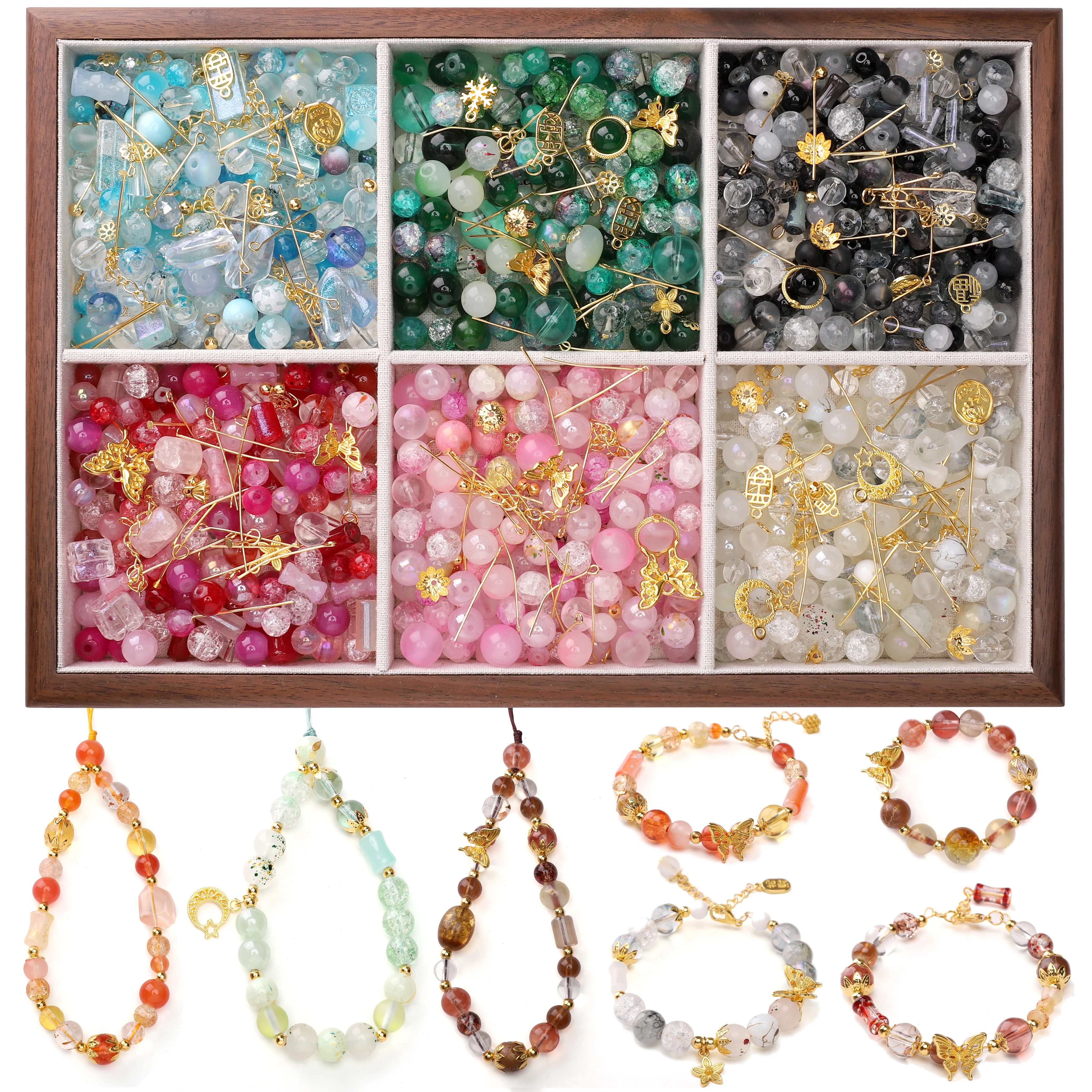30-50g/Set Glasperlen in verschiedenen Farben, goldfarbene Metallanhänger, Zubehörset für DIY-Armbänder, Handyketten, Schmuckherstellungsmaterialien