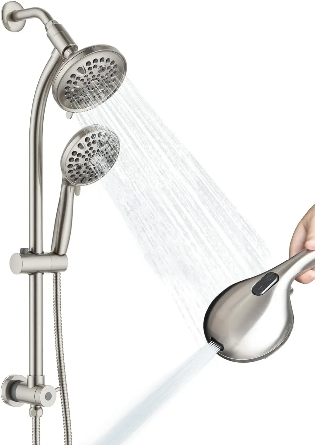 

82-Mode High Pressure Shower Head Combo with Adjustable Slide Bar, Pet Wash & Anti-Clog Nozzles, 5ft Hose - Nickel Finish