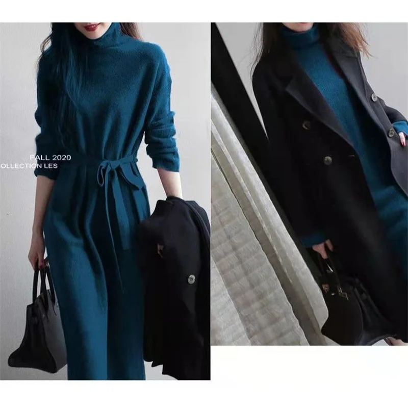 Goddess Fan Tie Waist Bottoming Long Skirt High Neck Knitted Dress Mid-Length Over-The-Knee Sweater Pullover Women