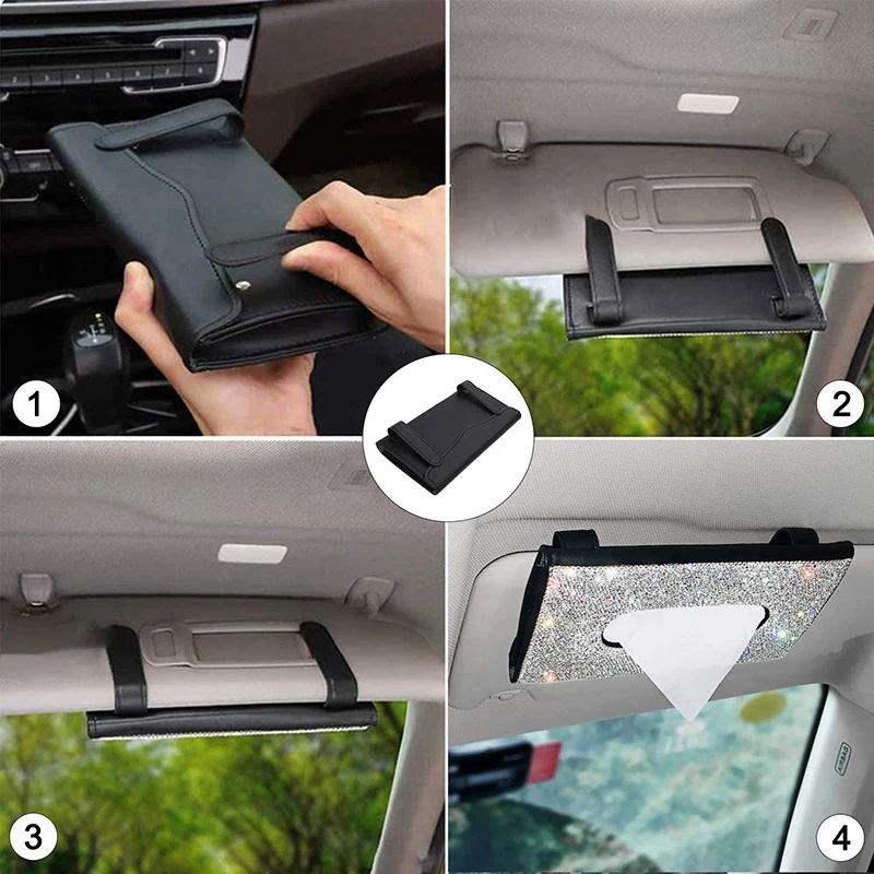 Bling Car Visor Tissue Holder Leather Crystal Sun Visor Paper Case & Bling Car Back Seat Headrest Holder Hooks For Women