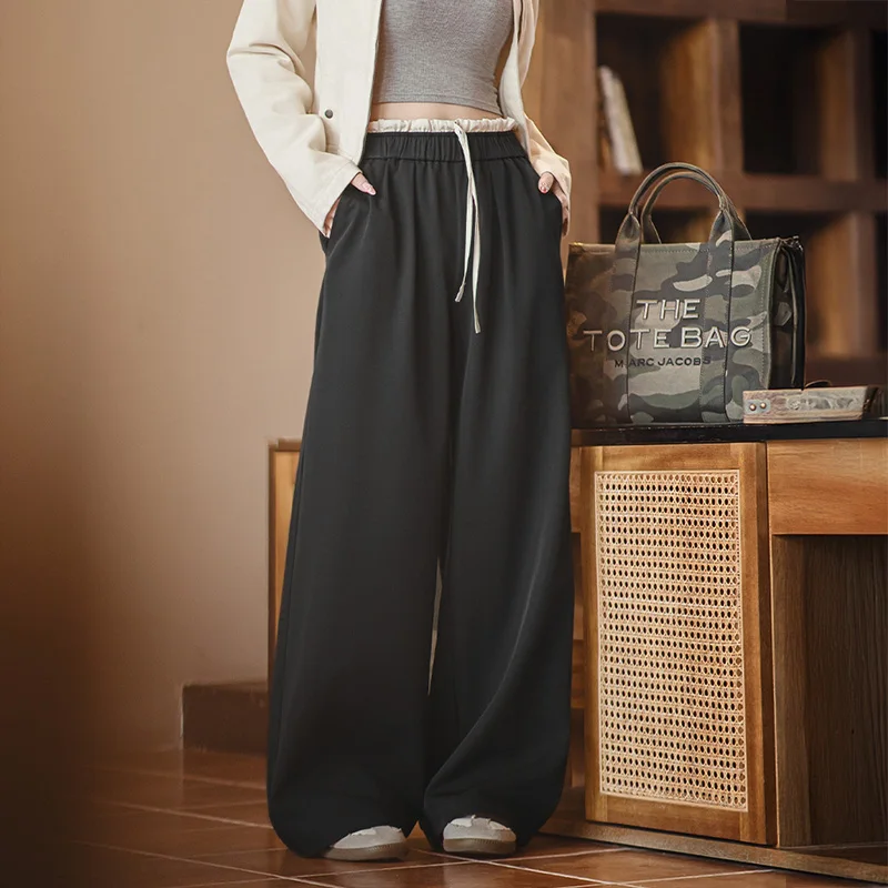 Maden Pantalones de retales de pierna ancha para mujer, cintura elástica negra con cordón, pantalones de vestir de oficina transpirables para verano