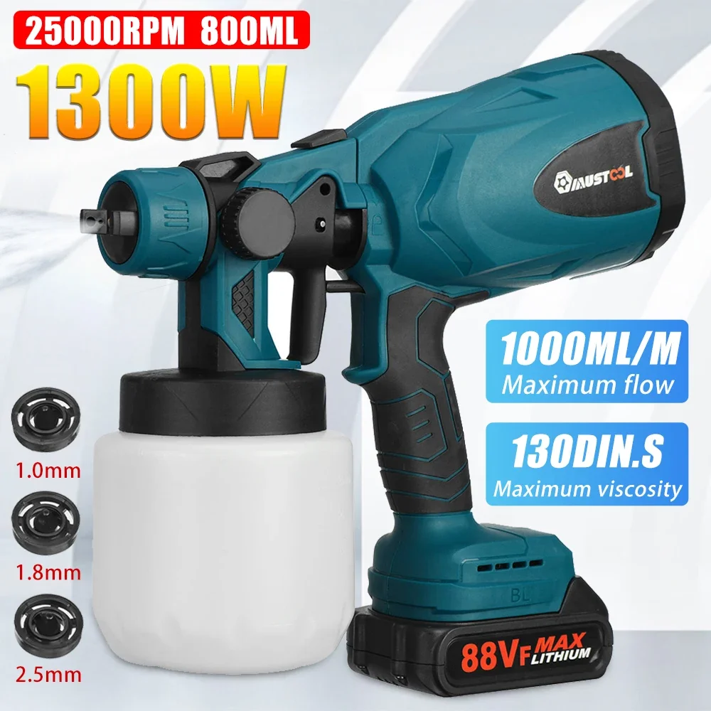 Mustool Cordless Spray Machine, Household Paint Sprayer, 3 Nozzle Sizes, 18V DC Li-ion B, 1300W, 800ml, 25000rpm