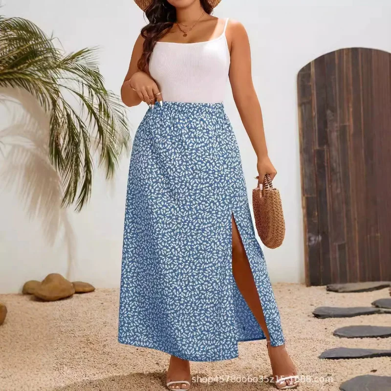 

Women'S Elegant Floral Print Plus Size Pleated Skirt, 95% PolyesSummer Plus Skirt High Waist Stretch Women'S Large Size Clothing