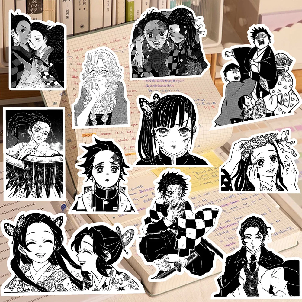 Demon Slayer Anime Stickers, Noir, Blanc, Cool Cartoon Sticker, DIY Notebook, Valise, Ordinateur portable, Téléphone, Tanjirou Decals, Toys, 10 PCs, 30 PCs, 65PCs