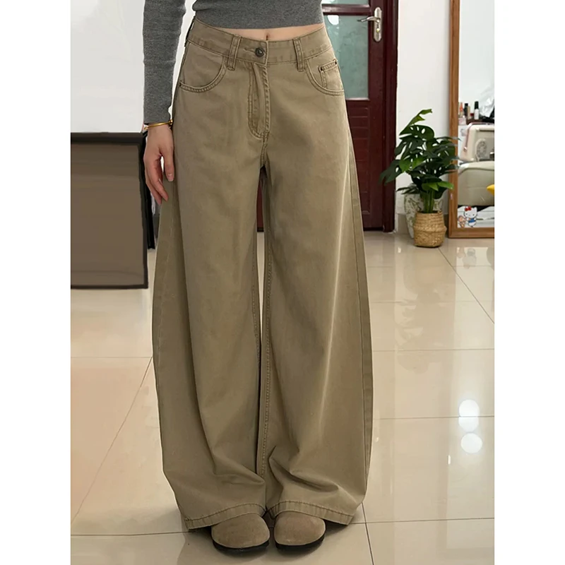 

Y2K Широкие джинсы цвета хаки, женские зимние висячие прямые брюки с высокой талией длиной до пола, повседневные брюки в стиле