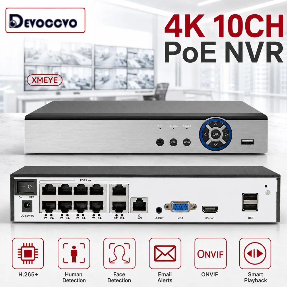 XMEYE 10CH 4K POE NVR Face Detection Audio Out 8MP CCTV IP Camera Security Surveillance Network Video Recorder Supports 4CH 8CH