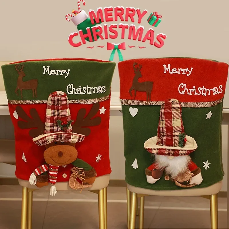 Cute Cartoon Snowman Reindeer High Hat Slipcover Christmas Chair Cover Santa Claus Doll Knitted Holiday Dining Chair Party Decor