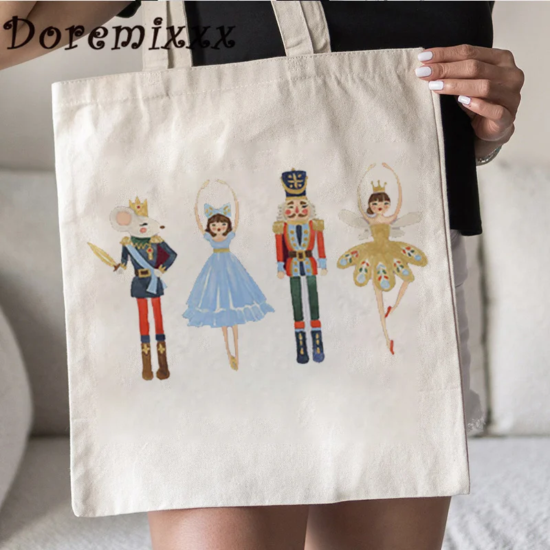 Women Canvas Shoulder Bag Christmas Nutcracker Ladies Handbag Tote Bags Reusable Large Capacity Shopping Sugar Plum Fairy Bag