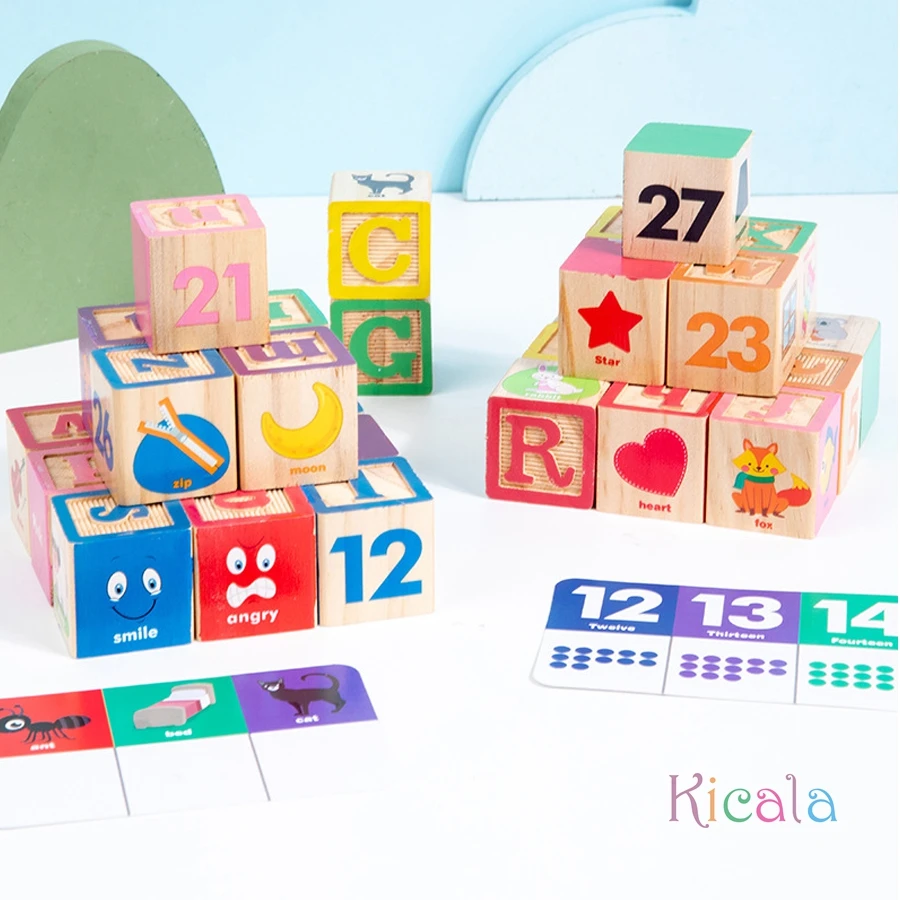 나무 블록 어린이용 알파벳 숫자 아이콘 유아 교육 몬테소리 장난감 유아 교육 퍼즐