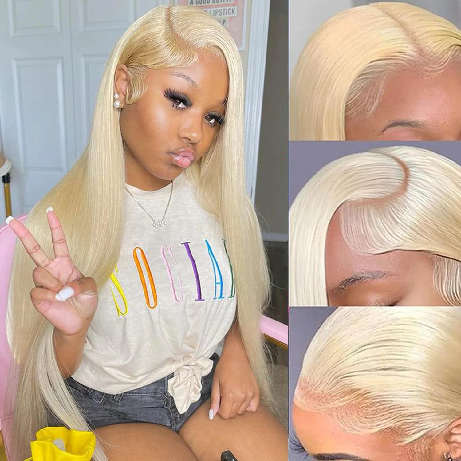 613 Honey Blonde Bone Straight Brazilian Remy Human Hair Wig 13x4 13x6 HD Transparent Lace Frontal Wig Pre Plucked Baby Hair 200% Density Minimal Shed Tangle Free Long Wigs For Women 40 46 Inch view 3
