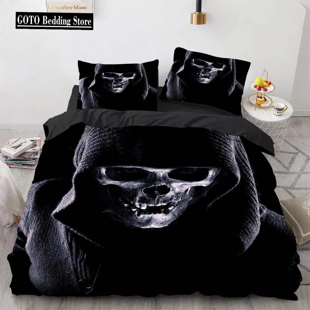 Black Hat Skull Bedding Set Queen Size Halloween Duvet Cover Sets Modern Style Bedroom Bedding Set Comforter Cover Pillow Shams