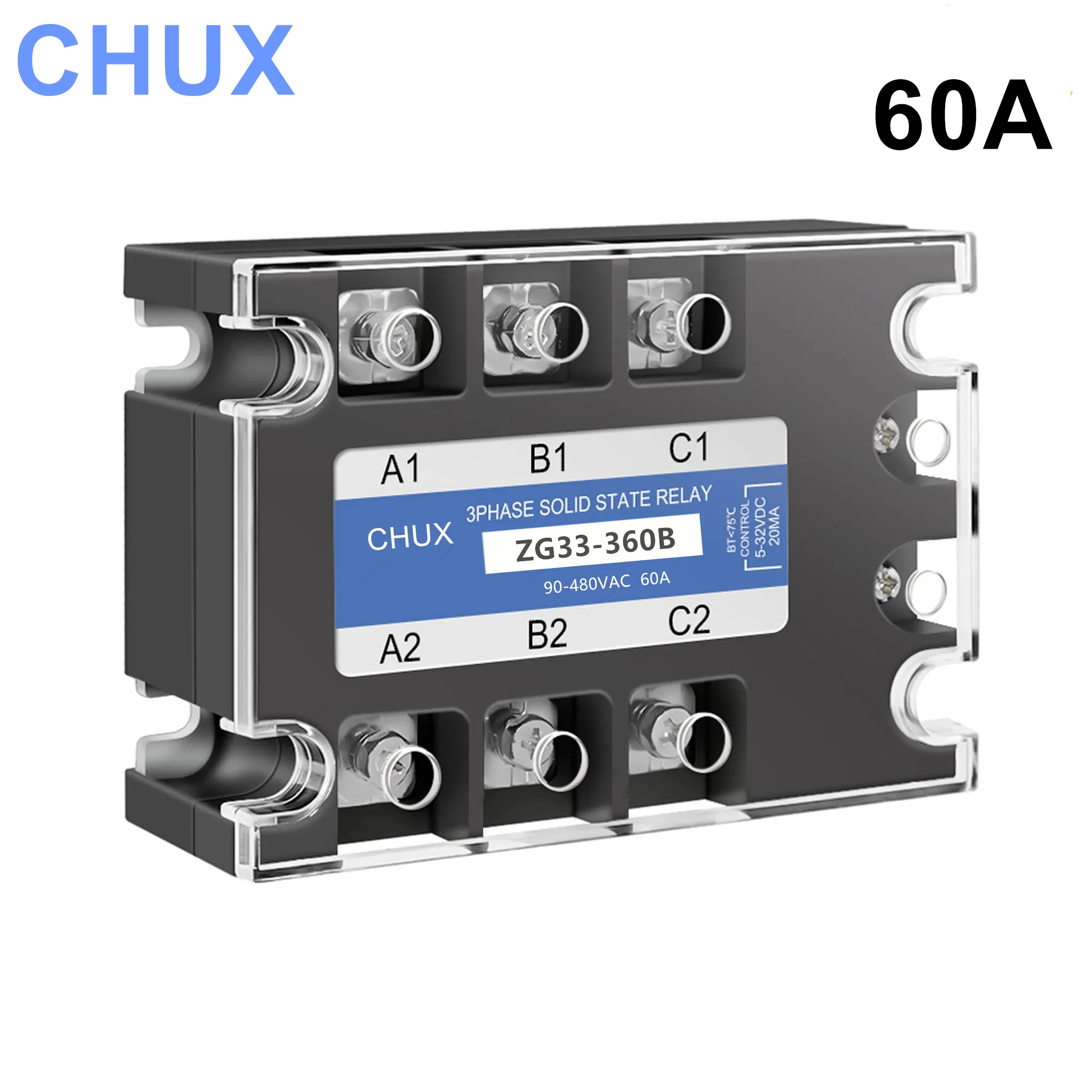 CHUX  SSR 60A DC AC Three Phases 3-32VDC to 90-480VAC  Solid State Relay  SSR DC Control AC