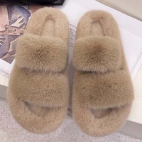 Soft Winter Open Toe Slippers Anti-slip Double-bar Plush Cotton Slippers Solid Color Furry Warmer Home Cotton Shoes Daily