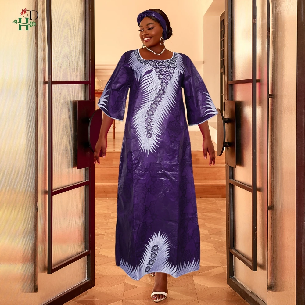 

H&D African Dresses For Women Bazin Riche Tradition Embroidery Dress Green Robe Clothes Party Gowns Skirt 2024