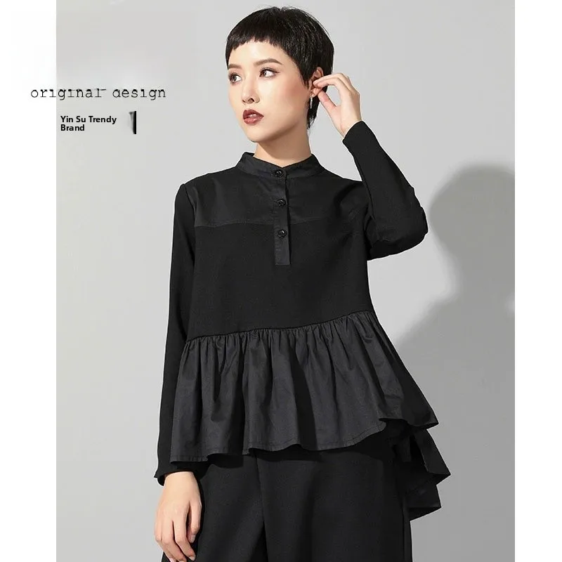 

Dark Style Stand Collar Long Sleeve Cotton Blend Women's Shirt Loose Fit Trendy Spring Autumn Casual Wear Full Cotton Overhead