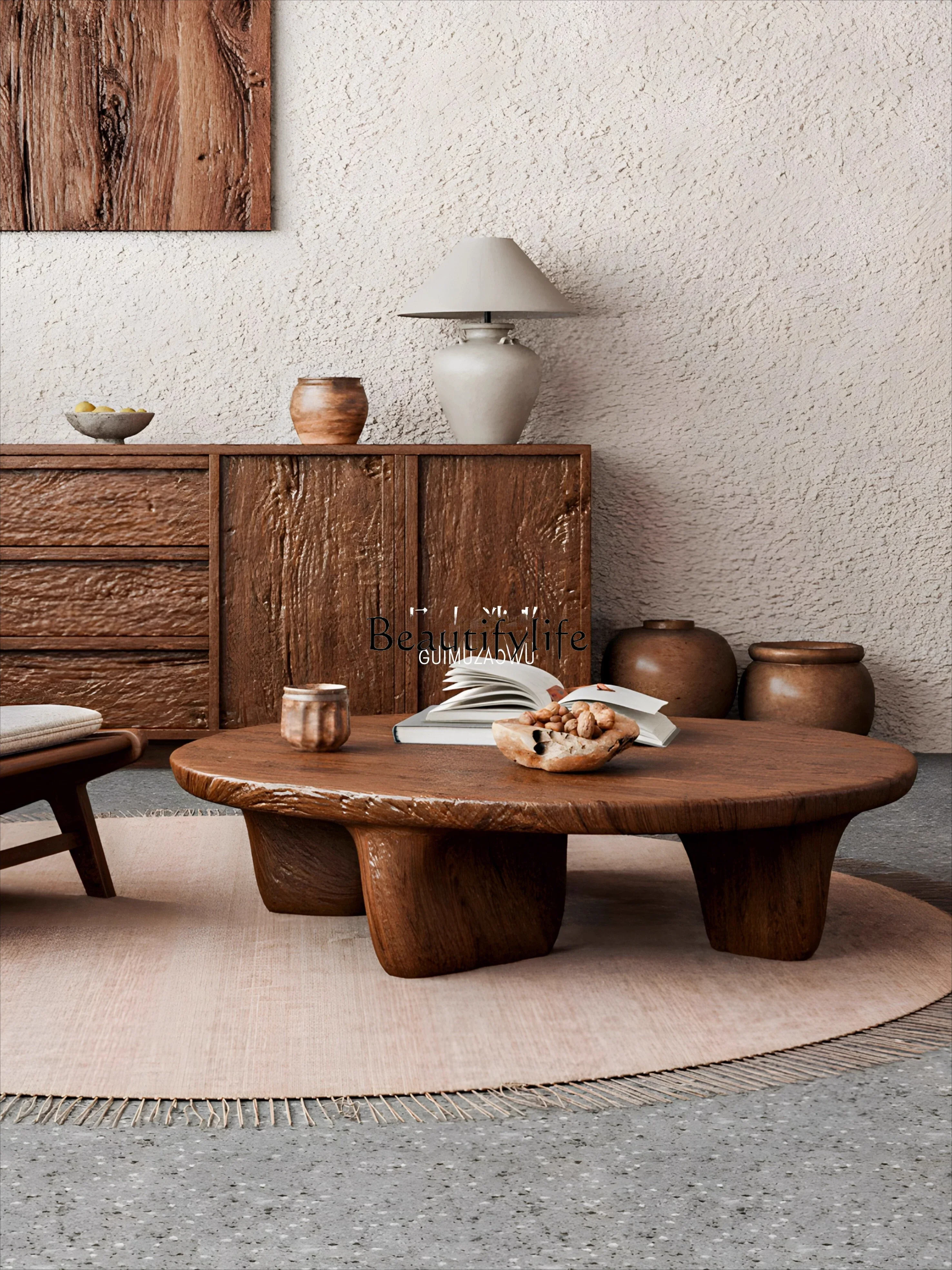 

ls42 Журнальный столик Wabi Silent Wind Pebble Круглый минималистичный журнальный столик из массива дерева