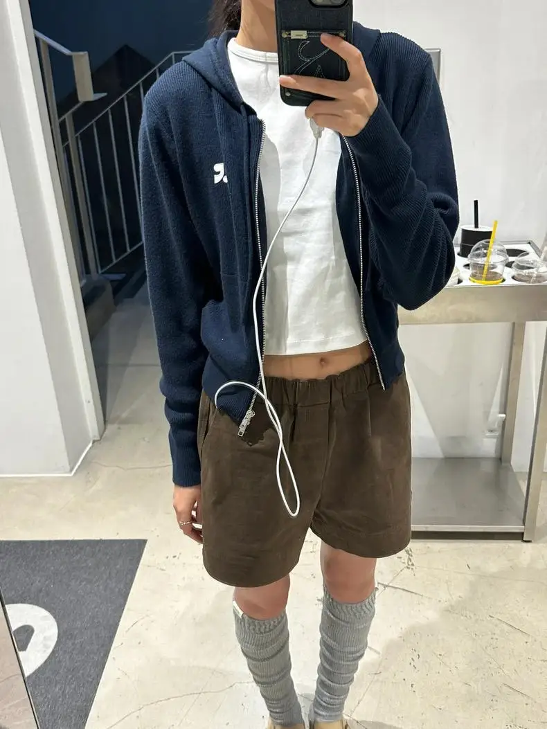 

Spring New Arrival Smoid RR Embroidered Color Hooded Knitted Sweater Slim Fit Open Cardigan Outerwear Korean Sle