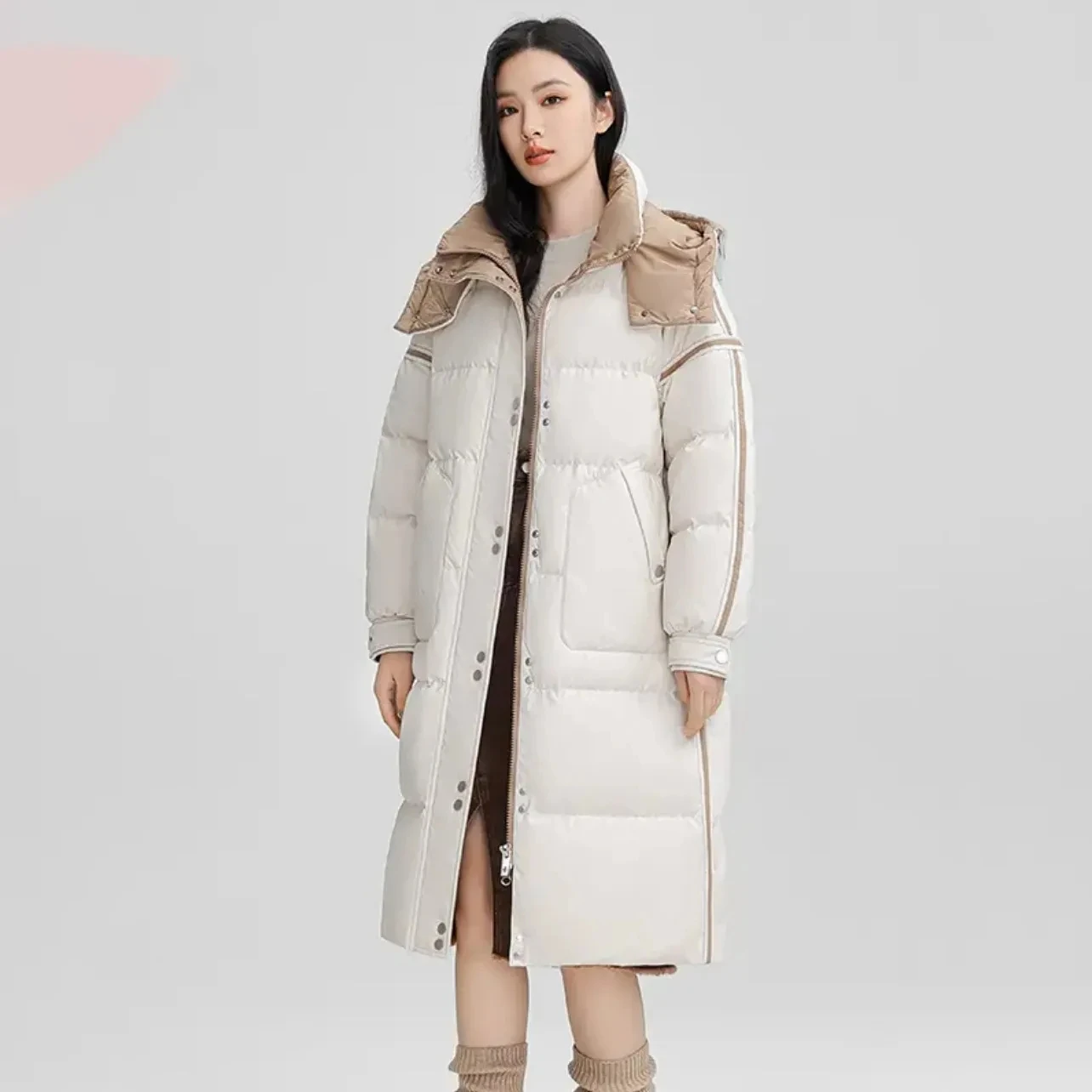 Knee length Down Jacket For women New Winter 2025 Contrasting color Splicing Hooded Casual Fashion Thick Warm Down Coat Female