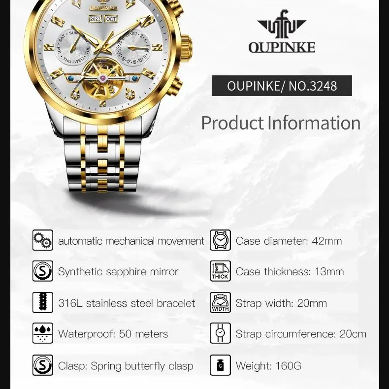 OUPINKE 3248 relojes originales de marca para hombre, reloj mecánico automático con cronógrafo luminoso resistente al agua de acero inoxidable para hombre