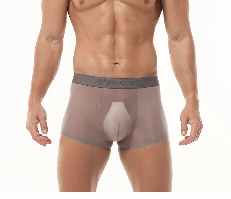 سلس الحرير الجليد شير الملاكم الملابس الداخلية للرجال مثير U محدب الحقيبة سراويل بوكسر شبكة كاملة شفافة رقيقة جدا مطاطا الكلسون
