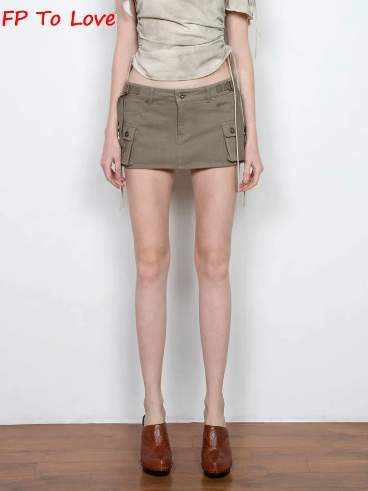 Y2K Armygreen Pocket Shorts Mini Skirts Sexy High Street Black Stylish Button Chic Bottom Woman PB&ZA Female