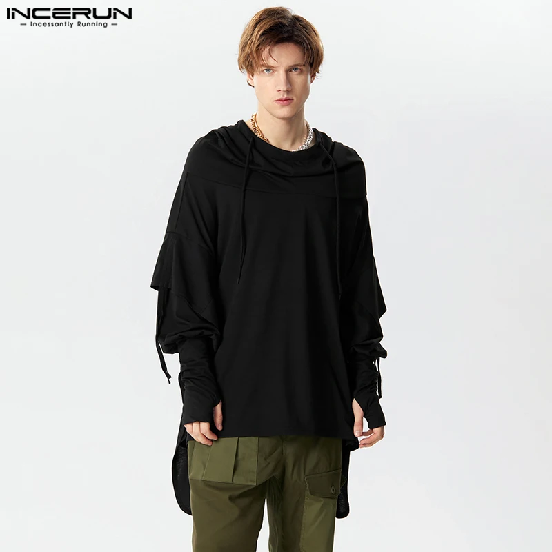 

Fashion Casual Style Tops INCERUN 2024 Men's Solid All-match Thimble Hoodies Handsome Male Drawstring Long Sleeved Hoodie S-5XL