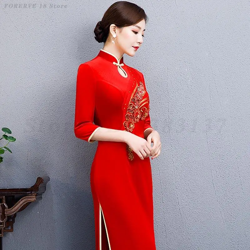 فستان تشيباو المخملي المثير للنساء التقليدي Chesongam للحفلات المسائية والولائم على الطراز الصيني الجديد فساتين ضيقة طويلة من القطيفة تشيباوس #5