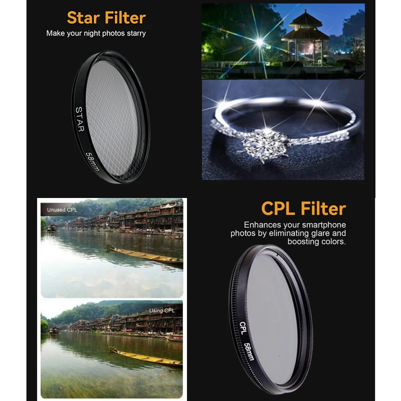 Ultracienki filtr CPL 58 mm ND Star UV Black Mist z metalowym klipsem do gorącej stopki do iPhone'a, aparatu fotograficznego i aparatu fotograficznego
