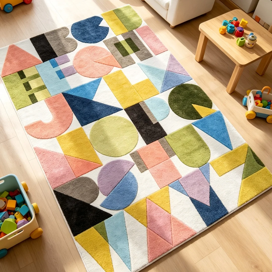 Living Room Rug Alphabet Shapes Carpet Colorful Block Soft Playroom Floor Mat NonSlip Educational Classroom Area Mat