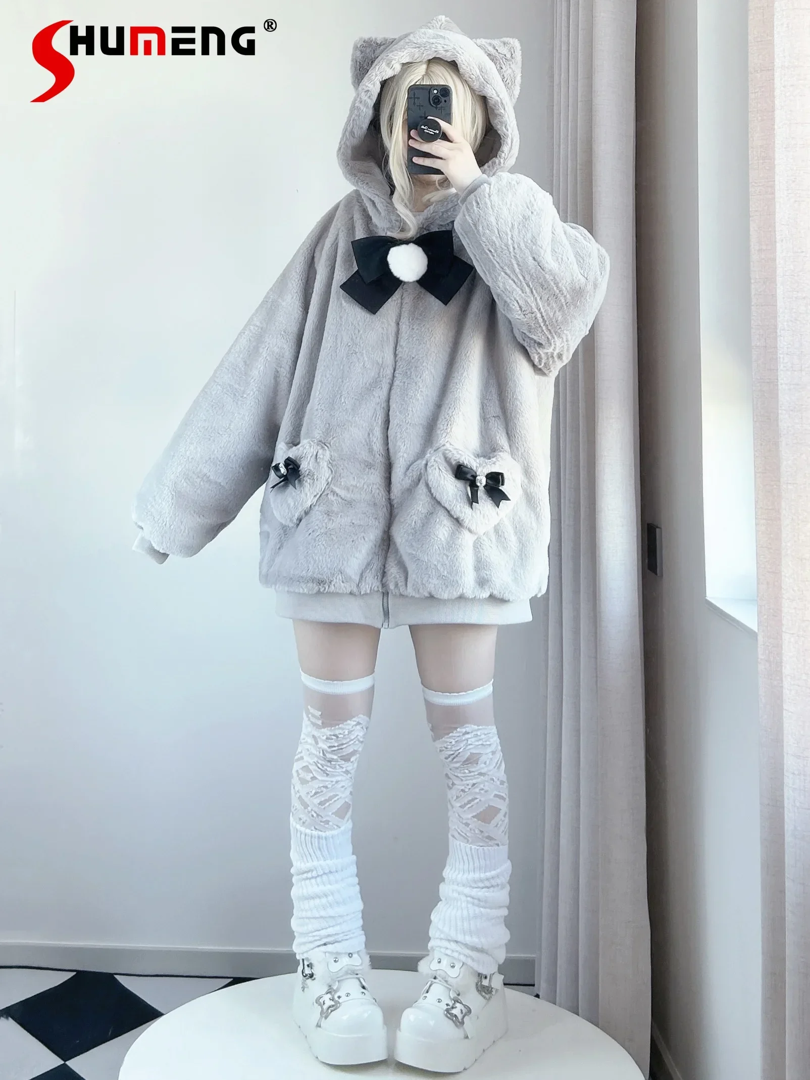 Japanese Mine Style Mass-produced Bow Cat Ear Plush Cute Winter Jacket Coats Loose Zipper Hooded Plush Hoodies Sweatshirt Women