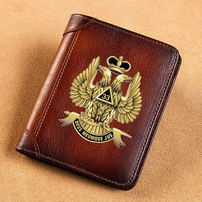 

High Quality Genuine Leather Wallet Freemason 33 Deumque Jus Eagle Printing Standard Purse BK441