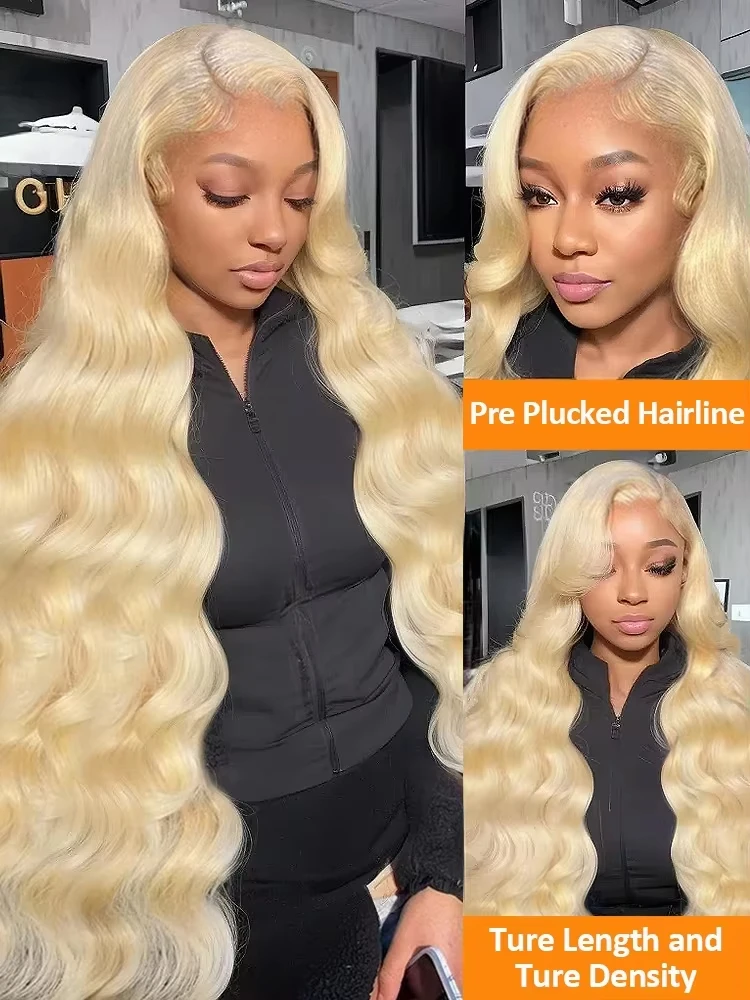 34 Inch 613 13x6 Lace Front Wig Human Hair Body Wave Blonde Lace Frontal Wigs for Women 200 Density Natural Hairline image 4