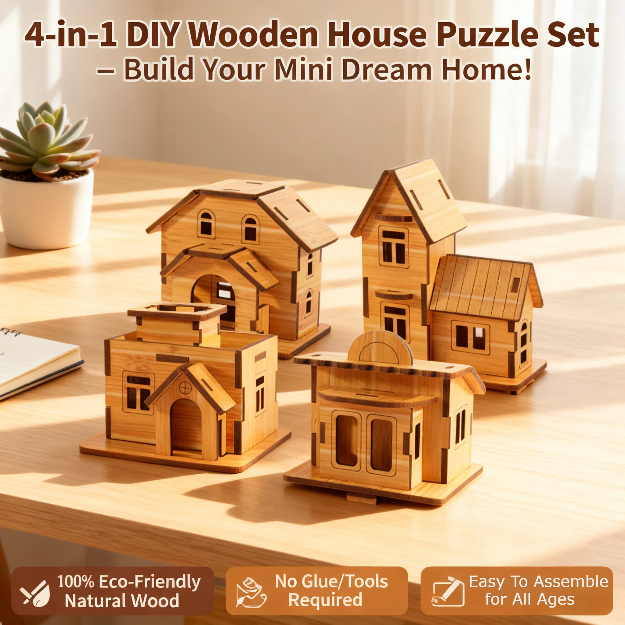 

4Pcs Wooden 3D Puzzle Laser-Cut Building Block Model Creative Building Assembly Toy DIY Handmade Gift Ornament Home Decoration