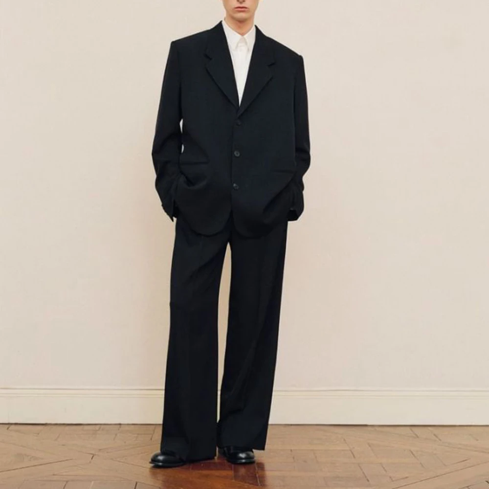 

Мужской черный костюм большого размера, однобортный модный повседневный деловой костюм, шикарные деловые смокинги для свадебной вечеринки (куртка + брюки)