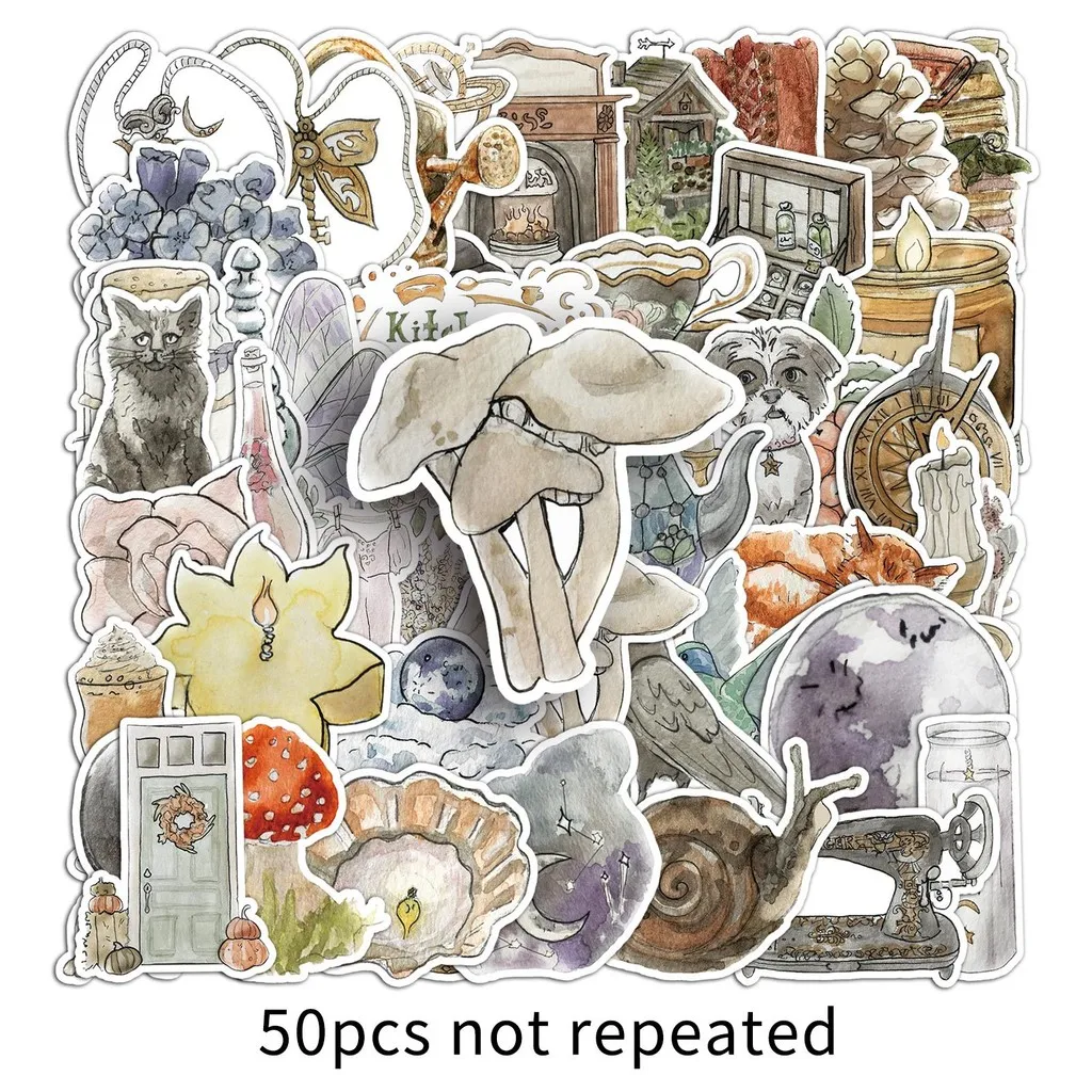 50-Piece Watercolor Stickers - Fresh & Vintage Graffiti Waterproof Decor for Backpack, Water Bottle, Laptops, Phones & Journals