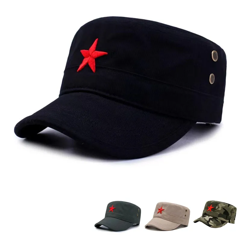 Retro Nostalgic Men's Flat-top Hat with Embroidered Red Star