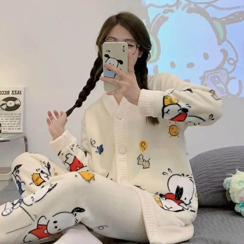 Kawaii Hellokitty Autumn Winter Pajamas Women's V-Neck Cardigan Cute Cartoon Plus Velvet Thickened Flannel Suit Casual Home Wear