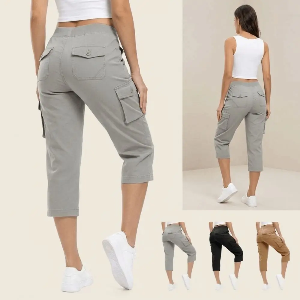 Quick Dry Fabric Women’s Hiking Pants Lightweight Feel Elastic Waistband Capri Pants Flap Pocket Cropped Length Cargo Pants