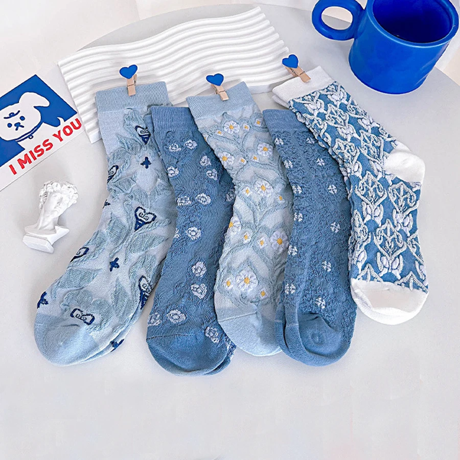 2 Pairs Women's Spring Autumn Cute Blue Department Korean Small Flowers Mid-calf ins Style Campus Cotton Socks