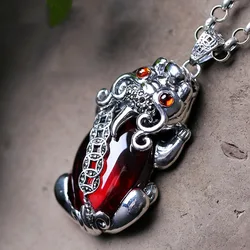 925 Silver Pixiu Pendant for Men and Women Couple Style Garnet Red Necklace for Women vintage Chinese Style, Fine Jewelry