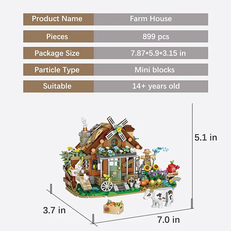 899PCS Mini Blokken Boerderij Bouwset Leuke Landelijke Huisje met Windmolen Dierenbeeldjes Volwassen Collectible Toy Gift