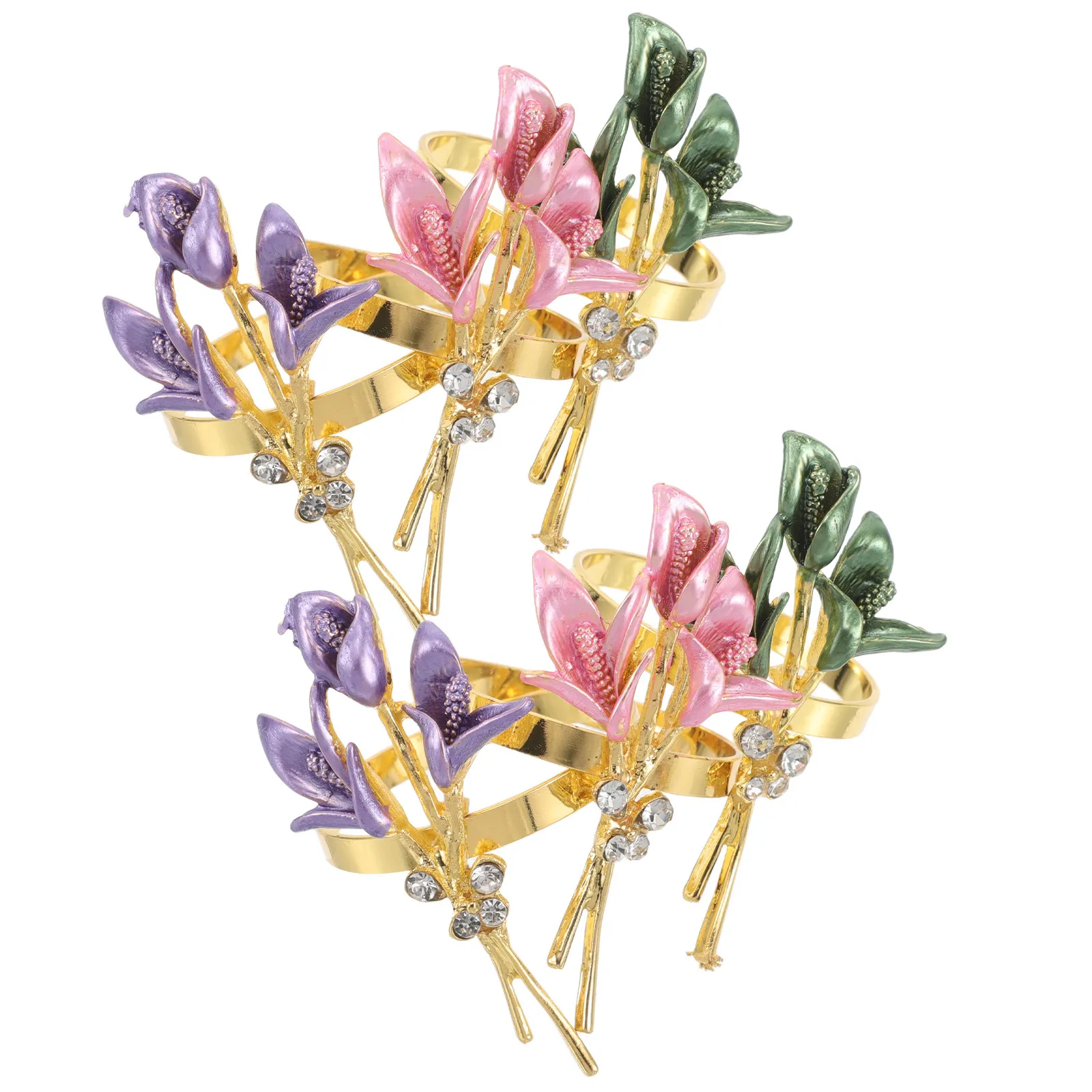 6Pcs Elegant Lily Flower Serviette Rings Rhinestone Table Decor for Weddings Parties Banquet Holiday Meals Wedding Napkin Rings