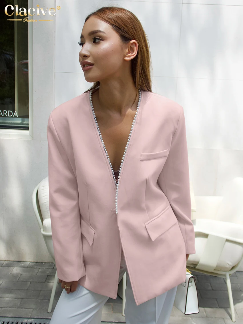 เสื้อเชิ้ตผู้หญิงทรงหลวมสีชมพู แบรนด์ Clacive แฟชั่นฤดูใบไม้ผลิ 2025 คอวี แขนยาว เสื้อผู้หญิงสไตล์หรูหรา คลาสสิก เรียบง่าย เสื้อผ้าผู้หญิง